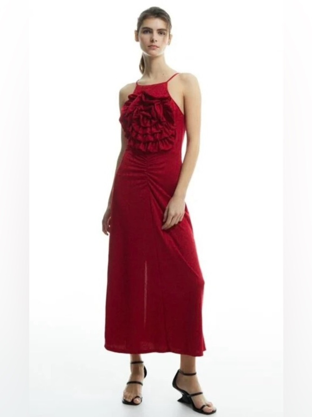 Sfera Red Ruffle Front Maxi Dress - Elegant Spaghetti Strap Gown